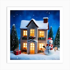 Miniature House Aglow With Warm Lights Nestled In A Snowy Landscape A Snowman Standing Sentinel Nea (1) Art Print