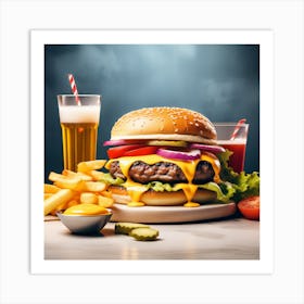 Double Cheeseburger With Fries & Soda Art Print