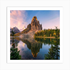 Scenery of sunburst lake and mount Assiniboine reflections between pine tree at sunrise, Sunrise At Mt Art Print