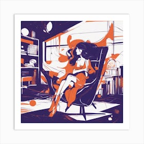 Drew Illustration Of Girl On Chair In Bright Colors, Vector Ilustracije, In The Style Of Dark Navy A (3) Art Print