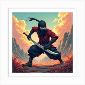 Ninja Slicing Through A Vibrant, Colorful Battlefield 1 Art Print