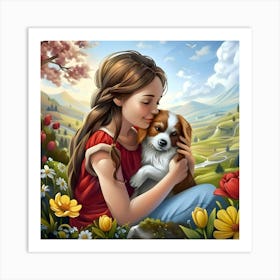 Girl And Dog In Springtime Bliss Art Print