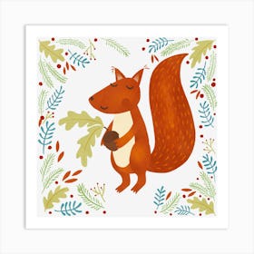 Squirrel In The Forest with Acorn Art Print