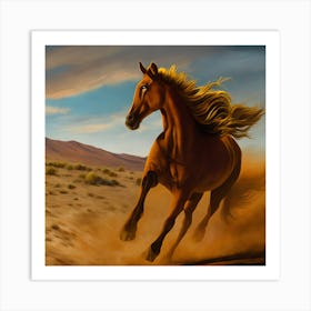 Close Up Of Oil Painting Of A Wide Faced Wild Mustang Galloping In A Desert Golden Hour 4k Epic S 801168542 Art Print