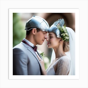 Wedding Couple In Silver Helmets Art Print