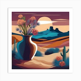 Flower vase decorated with desert landscape, blue, orange and light burgundy Art Print