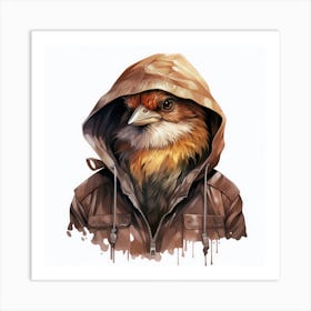 Watercolour Cartoon Sparrow In A Hoodie 1 Art Print