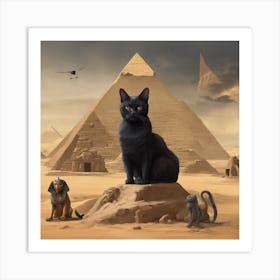 Black Cat In Front Of Pyramids Art Print