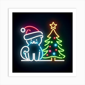 Neon Cat With Christmas Tree Art Print