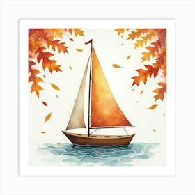 Charming Sailboat Amidst Watercolor Autumn Leaves 1 Art Print