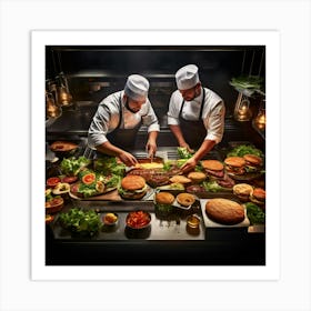 Overhead View Of A Burger Kitchen In Action Chefs Proudly Plating Gourmet Burgers Stunning Stainle 555813656 (2) Art Print