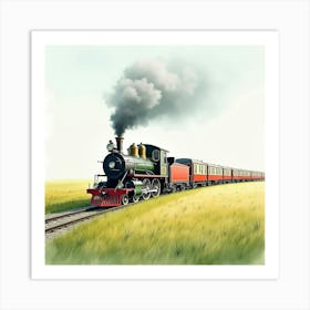 Elegant Old Train Traveling Through A Watercolor Painted Meadow 1 Art Print