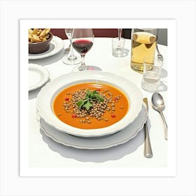 Watercolor Depiction Of A Savory And Aromatic Lentil Soup On A Fine Dining Table Art Print