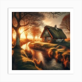 Thatched Cottage Beside A Stream Art Print