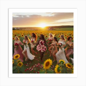 Bridesmaids In Sunflower Field Art Print