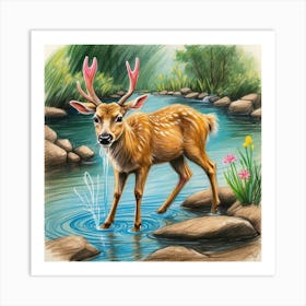 Deer In The Stream Art Print