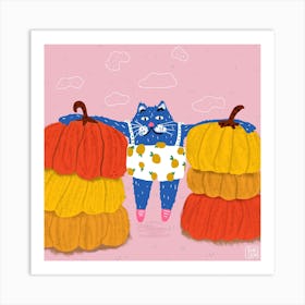 Blue Cat Exercising Between Pumpkins Square Art Print