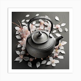 Firefly A Minimalistic Modern Rustic Beautiful Japanese Cast Iron Teapot, Illustration, A Few Sakura (4) Art Print