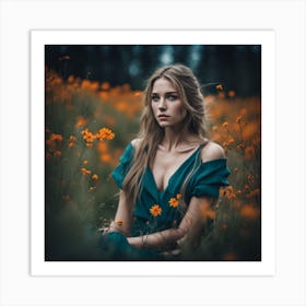 Portrait Of A Girl In A Field Of Flowers Art Print