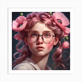 Girl With Glasses And Pink Poppy Flowers Art Print