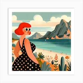 Polka Dot Woman On The Beach Art Print