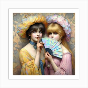 Two Ladies Holding A Fan Art Print