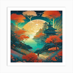 Moonlit orange trees Art Print