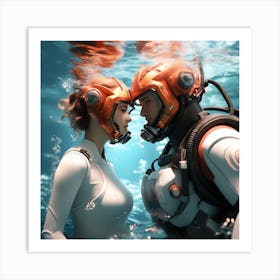 3d Dslr Photography Couples Inside Under The Sea Water Swimming Holding Each Other, Cyberpunk Art, By Krenz Cushart, Both Are Wearing A Futuristic Swimming With Helmet Suit Of Power Armor 6 Art Print