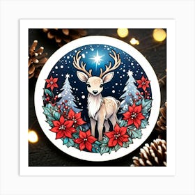 Baby Reindeer Positioned In The Center Of A Whimsical Winter Meadow Contrasted With A Star Filled N Art Print