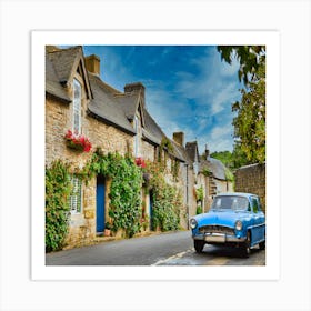 Blue Car In A Village Affiche