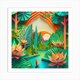 Firefly Beautiful Modern Abstract Lush Tropical Jungle And Island Landscape And Lotus Flowers With A (1) Art Print