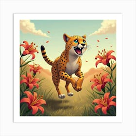 Cheetah Running Through Lilies 1 Art Print