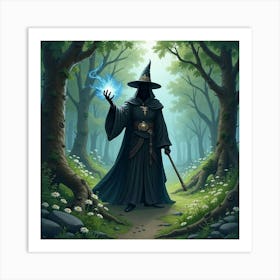 Black Magic Sorcerer In A Watercolor Enchanted Forest 1 Art Print