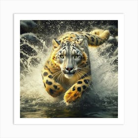 Snow Leopard Running In The Water Art Print