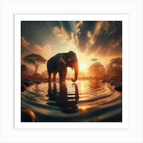 Elephant In Water At Sunset Art Print