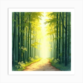 A Peaceful Bamboo Forest Bathed In Golden Sunlight, Painted In Soft Watercolor 1 Art Print