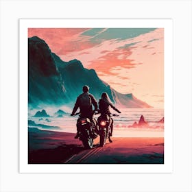 Couple Riding Motorcycles At Sunset Art Print