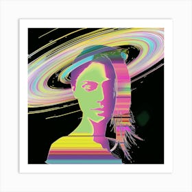 Woman In Space, Saturn's Rings, Pink, Yellow, artwork print. "Groovy Suspicions" 1 Art Print