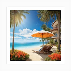 Beach House With Umbrella Art Print