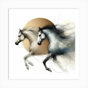 Two Horses Run Creative Ink Drawing Art Print