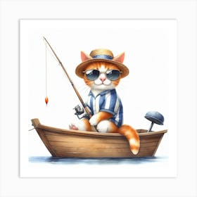 Cat Fishing In A Boat Art Print