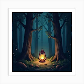 A Magical Lantern Casting Glowing Light In A Shadowy Forest 1 Art Print