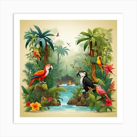 Tropical Parrots In The Jungle Art Print