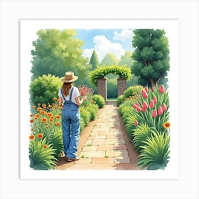 Watercolor Depiction Of A French Gardener, Lush And Vibrant Scene 1 Art Print