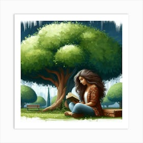 Girl Reading Under A Tree, Acrylic Painting Style 1 Art Print