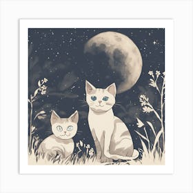 Two Cats Under The Moon Art Print