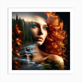 Double exposure photograph Woman With Red Curly Hair Art Print