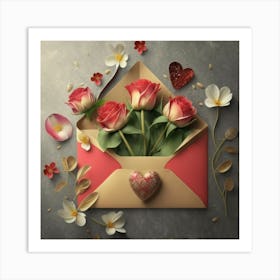 An open red and yellow letter envelope with flowers inside and little hearts outside 3 Art Print