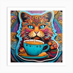 Cat With A Cup Of Tea Whimsical Psychedelic Bohemian Enlightenment Print 5 Art Print