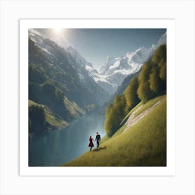 Two People Walking In The Mountains Art Print